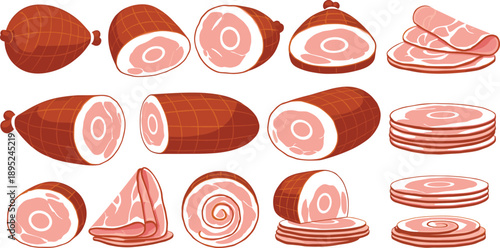 Set of ham and pork meat cuts including sliced rolled and whole deli products vector illustrations isolated