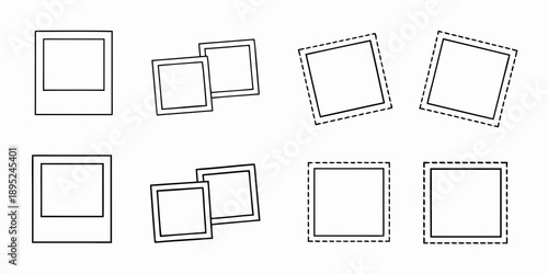 An arrangement of differently styled square and rectangular frames in black and white
