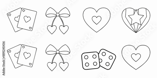 Simple black and white illustrations of hearts dice cards and bows