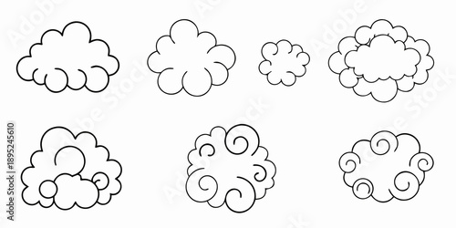 Simple black and white illustration of various fluffy cloud shapes arranged neatly