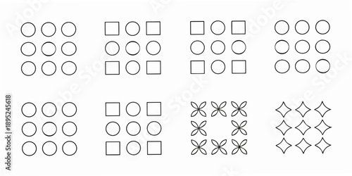 Arrangement of geometric shapes circles squares crosses and diamonds