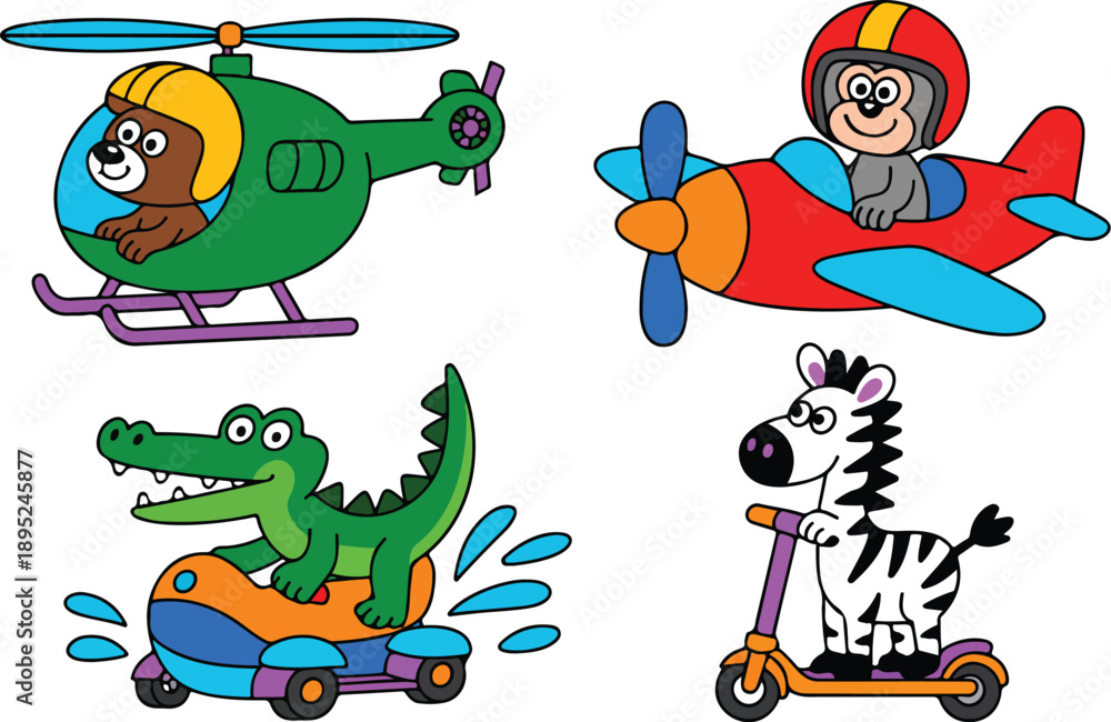 Naklejka premium Cute Animal Drivers Line Icons Crocodile Boat, Zebra Scooter, Monkey Plane, Dog Helicopter