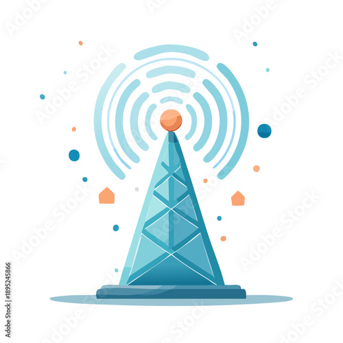 A blue pyramid emitting wireless signals surrounded by houses and dots in a modern illustration