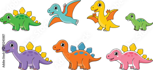 Cute Dino Baby Outline Icon Set  Happy Prehistoric Cartoon Characters