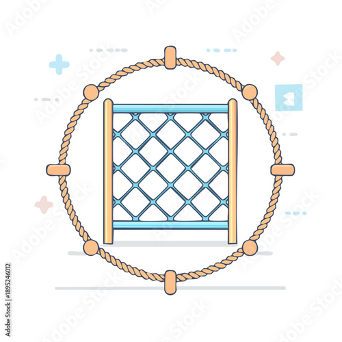 Simplified illustration of a rope framed circular net enclosing a blue lattice structure with wooden posts from a front viewpoint