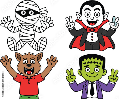 Cute Halloween Monster Outline Icons  Mummy, Vampire, Werewolf & Frankenstein