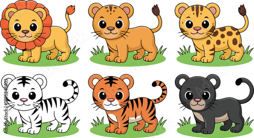 Cartoon jungle animals collection, baby lion, tiger, leopard, panther characters, cute wildlife illustration, zoo animals vector, fun design, kids theme, colorful art.