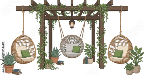 Cozy outdoor pergola with hanging chairs illustration, garden patio furniture plants relaxing wooden structure vector design