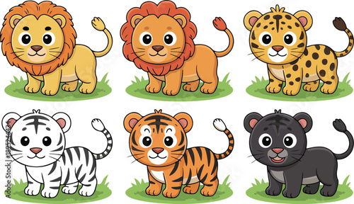 Cartoon jungle animals collection, baby lion, tiger, leopard, panther characters, cute wildlife illustration, zoo animals vector, fun design, kids theme, colorful art.