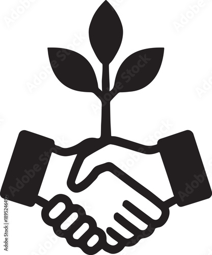 Tree icon growing from handshake symbolizing CSR and sustainable business ethics silhouette