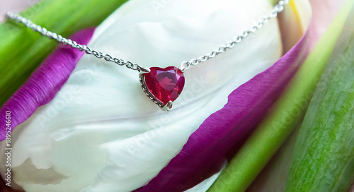 Jewelry. Metal chain (necklace) with stylish pink heart pendant on fresh flowers (tulip). It creating, tender, romantic atmosphere. Valentine's day, mother's, woman's day, love holidays.