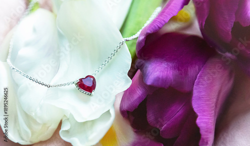 Jewelry. Metal chain (necklace) with stylish pink heart pendant on fresh flowers (tulip). It creating, tender, romantic atmosphere. Valentine's day, mother's, woman's day, love holidays.