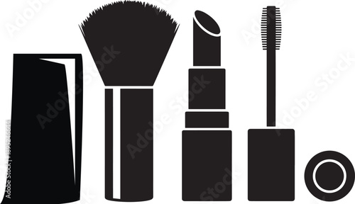Black and white silhouette icons of various cosmetic products arranged in a row