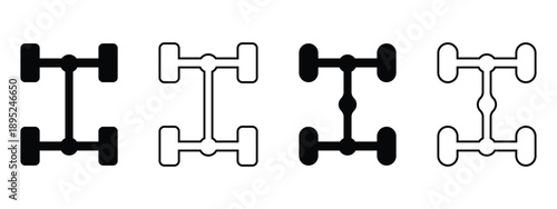 Car Axle Vector Icon Set with Filled and Outline Designs for 4x4, All-Wheel Drive, and Chassis Illustration