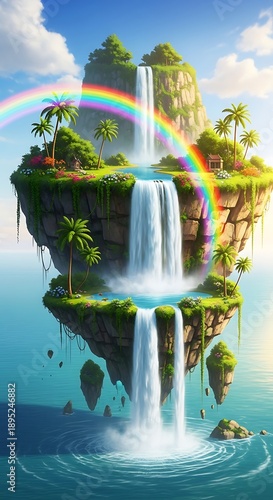 Wallpaper Mural Enchanted floating islands feature waterfalls and a vibrant rainbow arch. Torontodigital.ca