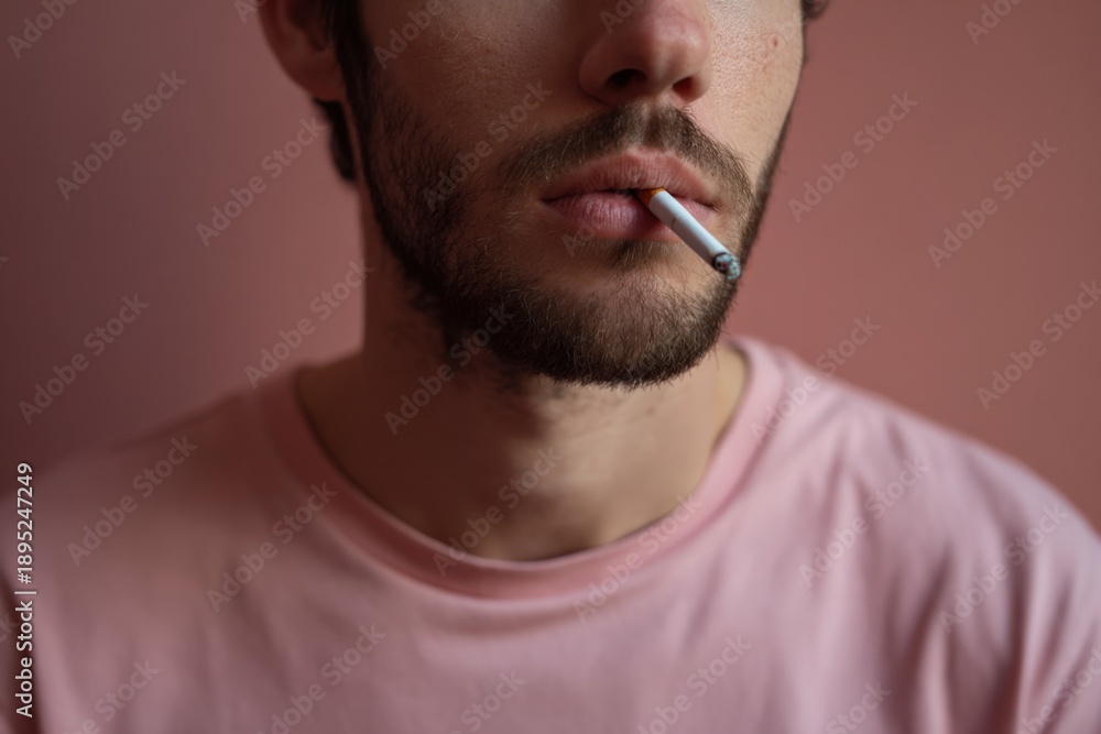 Fototapeta premium Young caucasian male with beard smoking cigarette against pink background