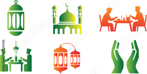 Stylized Islamic mosque illustrations in black and green color variations design