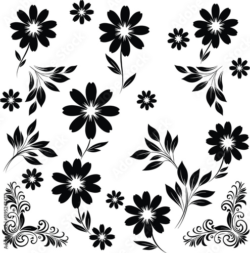 The image features a pattern of black floral designs on a white background. It includes several flowers of varying sizes, each with multiple petals radiating from a central point. Some flowers are con