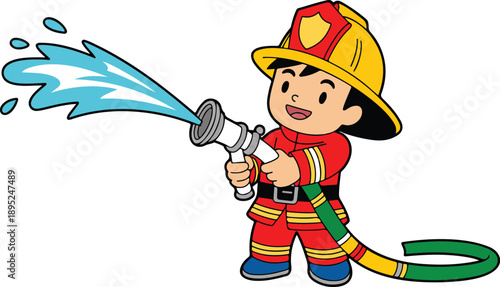 Cute Kid Firefighter Outline Icons  Water Hose, Rescue Tools & Fire Safety Gear