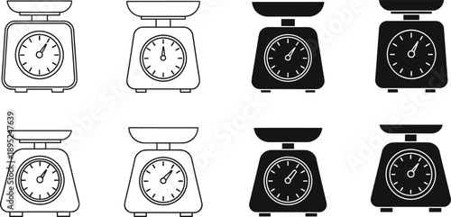 Kitchen scale vector icon set, mechanical weighing machine silhouettes, flat analog food scales, domestic cooking measurement tools, kitchenware equipment collection, weight.