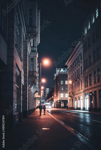 City street at night with illuminated buildings and streetlights