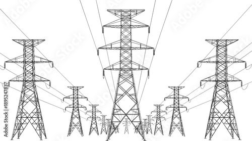 High voltage power transmission towers, electric grid perspective, electricity infrastructure, energy distribution network line illustration