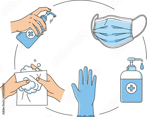 Hygiene safety prevention illustration set, hand washing sanitizer mask gloves health protection vector concept medical infection control awareness