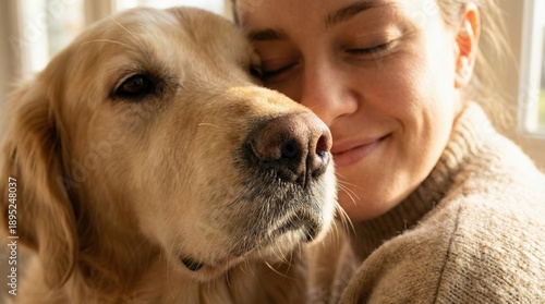 Wallpaper Mural Woman cuddling a golden retriever, both looking content Torontodigital.ca