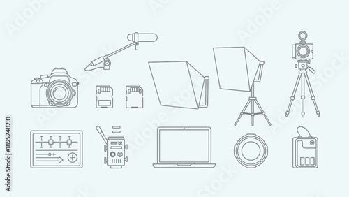 A collection of photography and videography studio equipment.