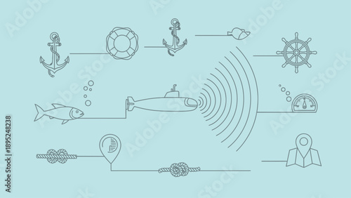 Nautical icons and symbols related to sea exploration and underwater life