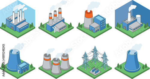 Isometric power plant factory and energy infrastructure illustration set, industrial electricity generation vector collection