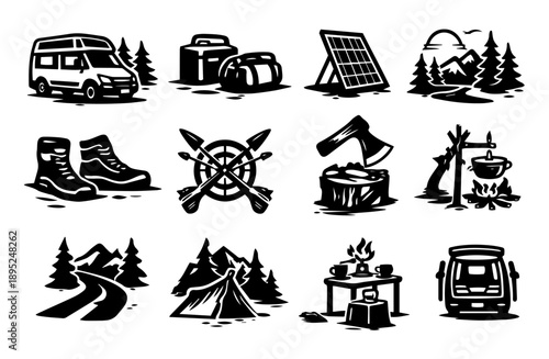 sticker outdoor adventure camping hiking fishing hunting gear set icon template logo silhouette
