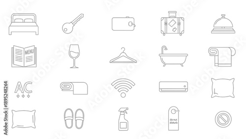 Hotel service icons, a collection of symbols for travel and lodging.