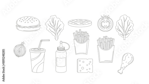 Collection of fast food and ingredients line art.