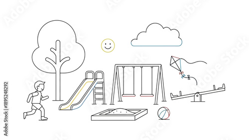 Minimalist illustration of a children's playground with a running boy and various equipment.
