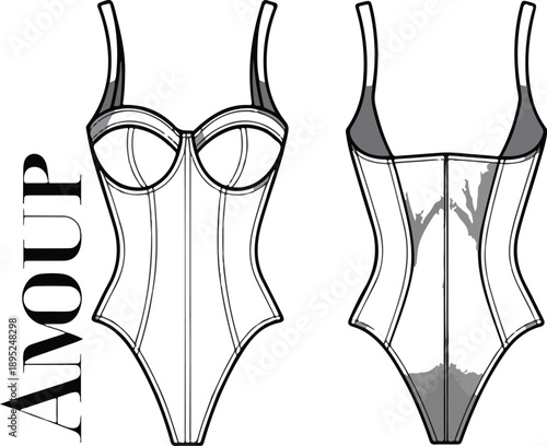 One-Piece Swimsuit Technical Flats  Front & Back CAD Template