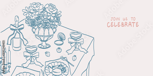 Romantic whimsical dinner poster, banner or placard. Wine and flowers drawing for birthday or wedding party invitations. Served table for two, couples, lovers in restaurant, cafe in ink baroque style.