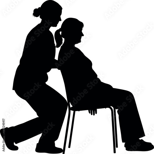 Silhouette of Healthcare Assistant or CNA Helping Senior Woman Transition from Chair; Occupational Therapy and Patient Handling Assistant