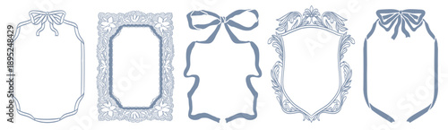 Whimsical baroque frames and bow with ribbon borders. Vertical shapes with vintage victorian royal elegance decorated with whimsy lines and squiggles perfect for wedding invitation cards, scrapbooking