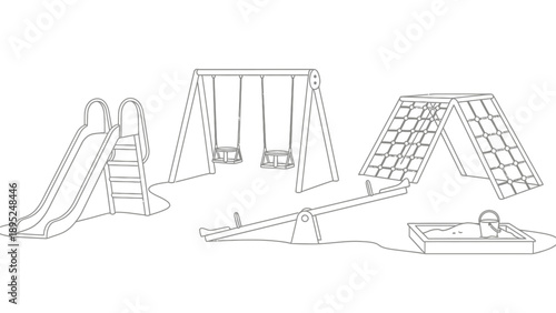 Outline illustration of various playground equipment for children's fun.