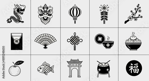 Set of 15 black and white Chinese New Year icons including dragon, lantern, and fortune cookies, perfect for festive designs