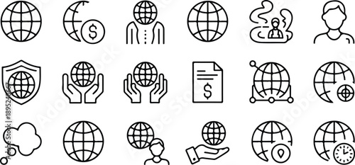 Global Finance Outline Icon Set  World Economy, Money Flow, and Corporate Documents
