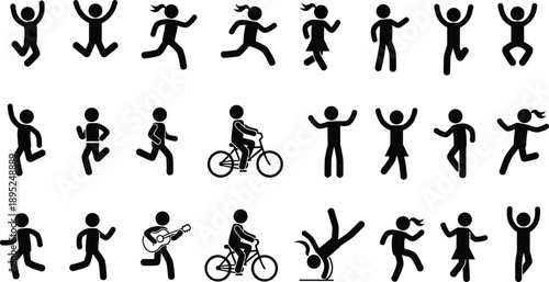 Stick figure people activity icons, human actions, sports and movement poses, simple black silhouette symbols