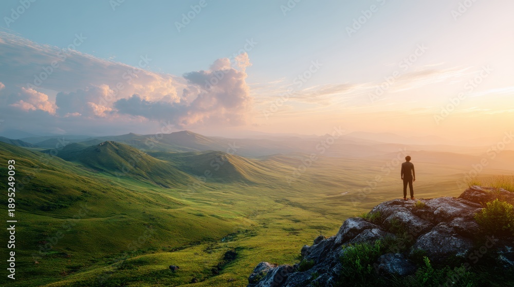 Obraz premium Man standing on a rocky mountain peak overlooking a vast green valley at sunset. Adventure, exploration, and freedom concept.