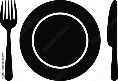 Black fork, plate and knife icon set isolated on transparent background, dining, eating, food symbol