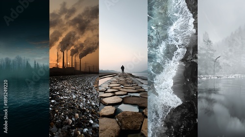 Elements of the Environment Illustration, Nature and Ecology Concept with Trees, Water, Sun, and Green Landscape, Environmental Awareness and Sustainability Design.