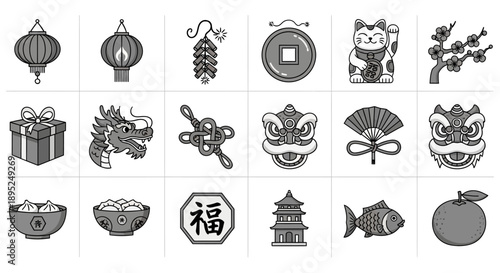 Collection of Chinese New Year and lucky symbols icons and graphics, ideal for festive designs and cultural celebrations