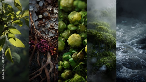Elements of the Environment Illustration, Nature and Ecology Concept with Trees, Water, Sun, and Green Landscape, Environmental Awareness and Sustainability Design.