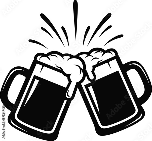 Two frothy beer mugs clinking in a cheers toast celebration splash, black and white