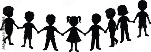 children holding hands silhouettes, kids unity chain, friendship and teamwork concept, diverse boys and girls, black isolated childhood illustration